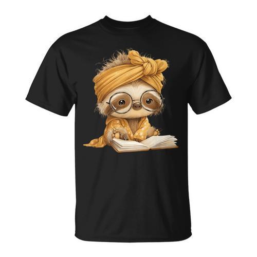 Baby Sloth Open Book Reading Animal Lover Graphic Portrait T-Shirt - Bookorys DE