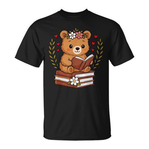 Bear Reading Book Graphic Bear With Book Floral T-Shirt - Bookorys UK