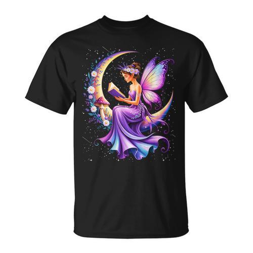Beautiful Book Fairy Reading Crescent Moon Gothic Bookish T-Shirt - Bookorys AU