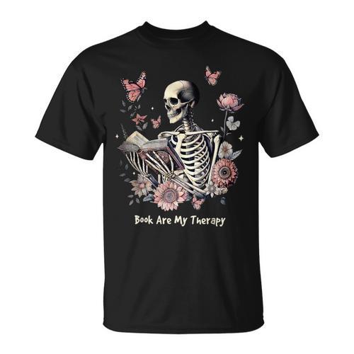 Book Are My Therapy Skeleton Book Reading Floral Butterfly T-Shirt - Bookorys