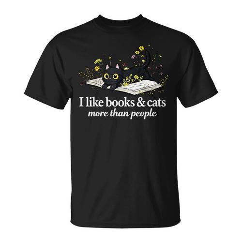 I Like Books & Cats More Than People Cat Book Lover Reading T-Shirt - Bookorys
