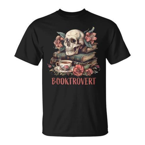 Booktrovert Skull Books Tea Flower Gothic Bookworm Bookish T-Shirt - Bookorys AU