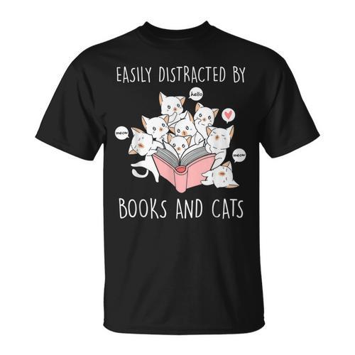 Cat & Book Lover Easily Distracted By Cats And Books For Men Women Kids T-Shirt - Bookorys