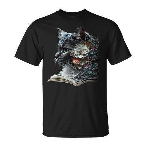Cat Art Book Cat Motif Flowers Cat T-Shirt - Bookorys AU