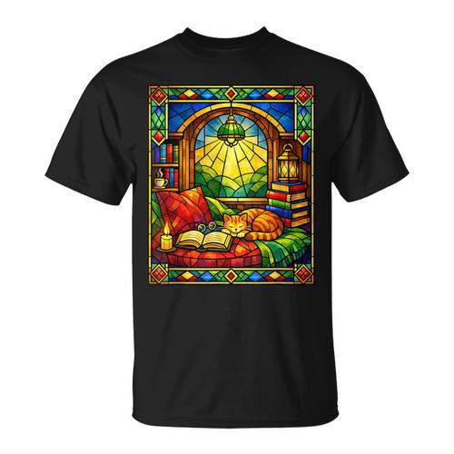 Cat Book Coffee Stained Glass Reading Cottagecore Book Lover T-Shirt - Bookorys AU