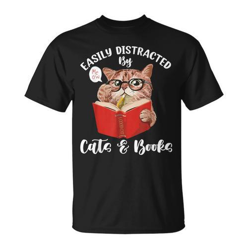 Cat Tshirt Easily Distracted By Cats And Books Cat For Men Women T-Shirt - Bookorys