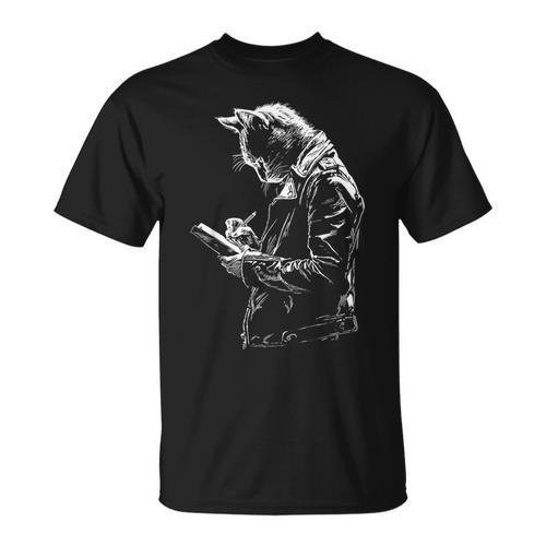 Cat Holds Book Writing Animal Print Motif Drawing Art Cat T-Shirt - Bookorys UK