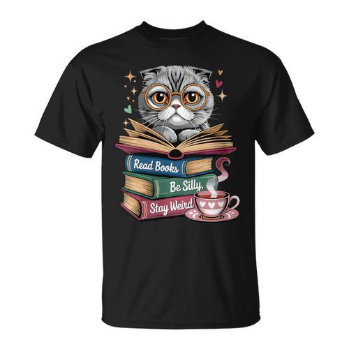 Cat Read Books Be Kind Stay Weird Library Book Lover T-Shirt - Bookorys AU