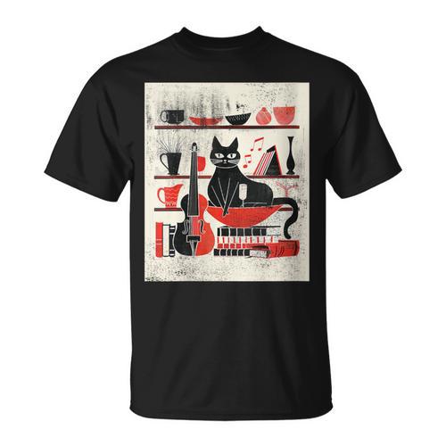 Cats Music Books Lover Essentials Red Retro Silkscreen T-Shirt - Bookorys AU