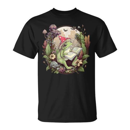 Cottagecore Aesthetic Frog Reading Book Mushroom Hat Floral T-Shirt - Bookorys DE