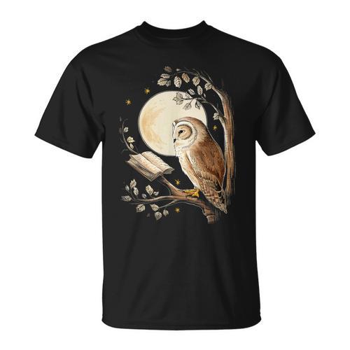 Cottagecore Aesthetic Owl Reading Book Fairycore Full Moon T-Shirt - Bookorys UK