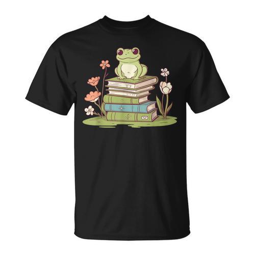 Cottagecore Aesthetics Frog In Flowers On Books T-Shirt - Bookorys