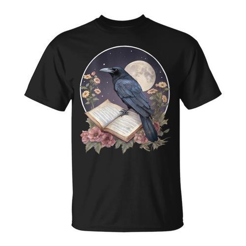 Crow Reading Book Crow Cottagecore Botanical Flowers Vintage T-Shirt - Bookorys CA
