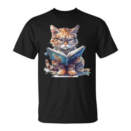 Cute Cat Wearing Glasses Reading a Book T-Shirt - Bookorys AU