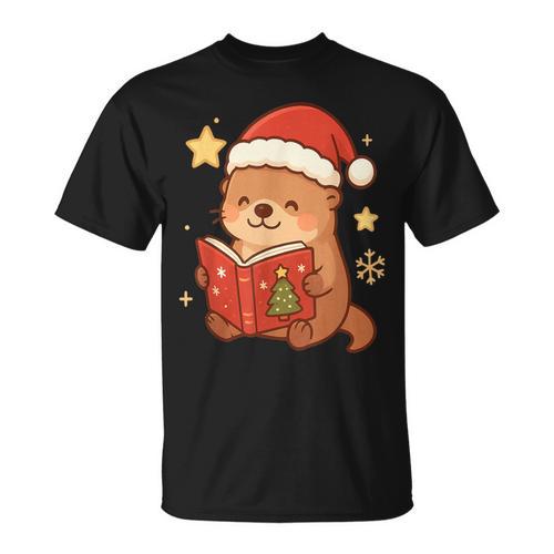 Cute Christmas Book Otter Reading Snowy Holiday Story T-Shirt - Bookorys CA