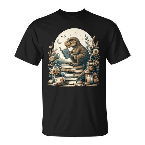 Cute Cottagecore Aesthetic T-Rex Dinosaur Reading Book Nerd T-Shirt - Bookorys CA