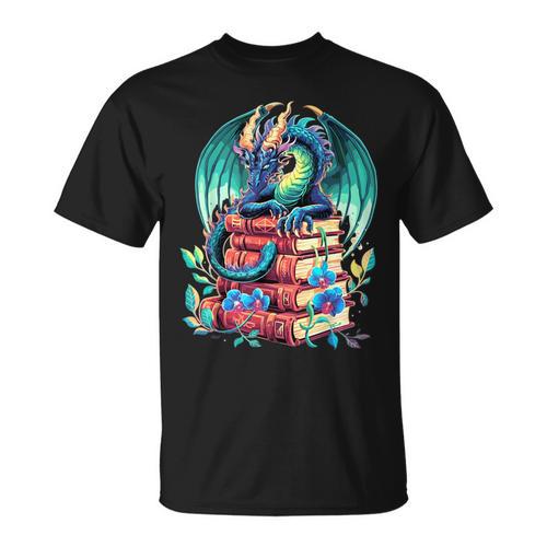 Cute Dragon Books Flower Bookworm Book Lover T-Shirt - Bookorys AU