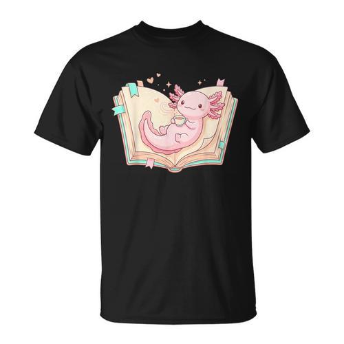 Cute Kawaii Axolotl Book Tea Lover Women Reading Cozy Art T-Shirt - Bookorys DE