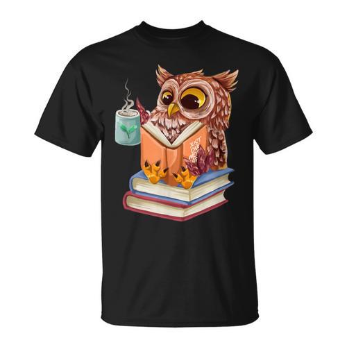Cute Owl Reading Book And Drinking Tea Reading Rat Bookworm T-Shirt - Bookorys AU