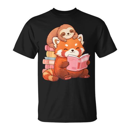 Cute Red Panda Reading Book Sloth Kawaii Animal T-Shirt - Bookorys