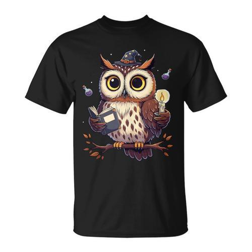 Cute Wizard Owl Reading Book Magic Candle T-Shirt - Bookorys