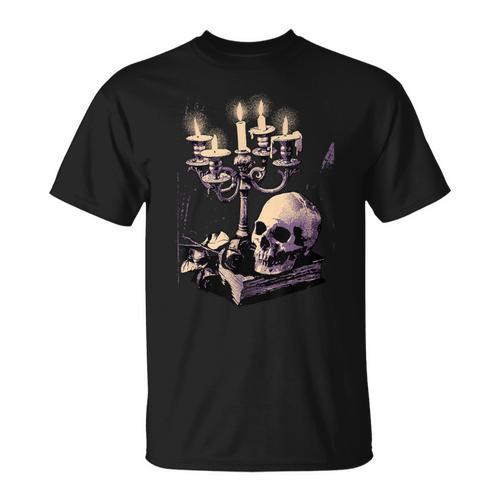 Dark Academia Aesthetic Gothic Book Candle Skull Red Rose T-Shirt - Bookorys