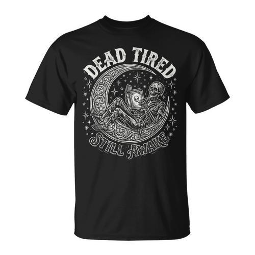 Dead Tired Still Awake Skeleton Moon Reading T-Shirt - Bookorys