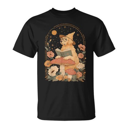 Dog Mushroom Cottagecore Golden Retriever Reading Book T-Shirt - Bookorys DE