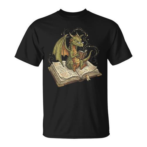 Dragon Bookworm Reading Fantasy Book Graphic Art T-Shirt - Bookorys UK