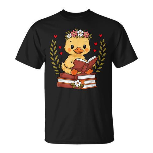 Duck Reading Book Graphic Duck With Book Floral T-Shirt - Bookorys UK