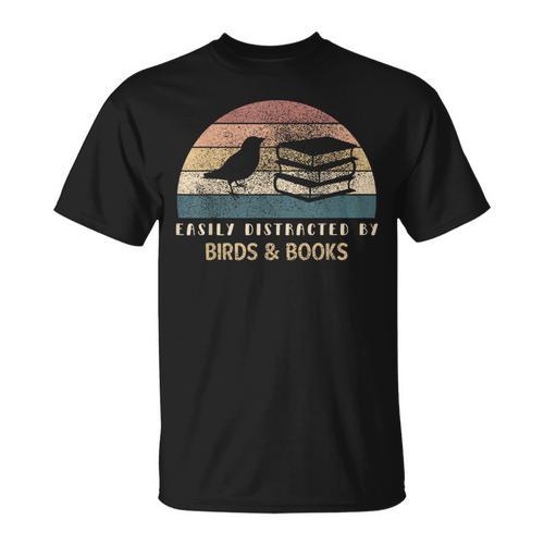 Easily Distracted By Birds & Books Retro Birding Bird T-Shirt - Bookorys