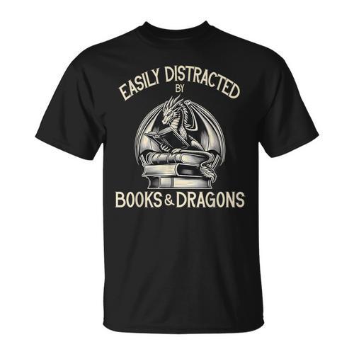 Easily Distracted By Books And Dragons Book Dragon Lover T-Shirt - Bookorys