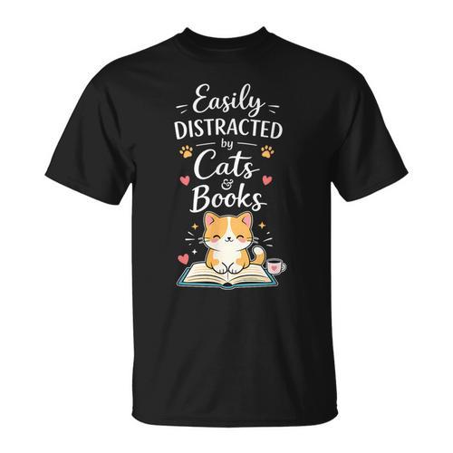 Easily Distracted By Cats And Books Cat & Book Lover T-Shirt - Bookorys AU