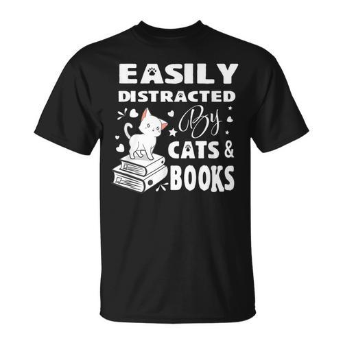 Easily Distracted By Cats And Books Books Cat Book Lover T-Shirt - Bookorys