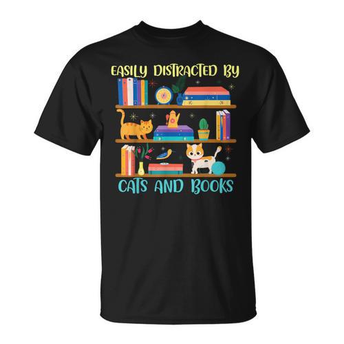 Easily Distracted By Cats And Books Cat Book Lovers Bookworm T-Shirt - Bookorys CA