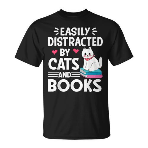 Easily Distracted By Cats And Books Cute Cat And Book Lovers T-Shirt - Bookorys