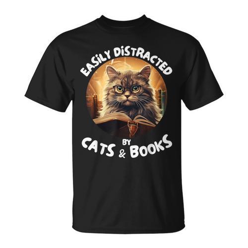 Easily Distracted By Cats And Books Librarians Bibliophiles T-Shirt - Bookorys