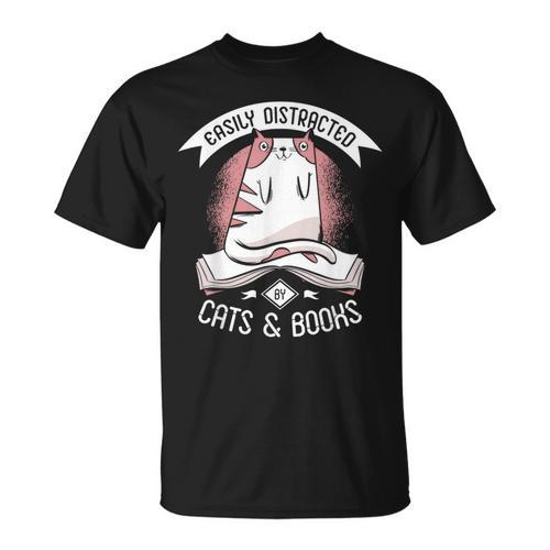Easily Distracted By Cats And Books Men Cat Book Lover T-Shirt - Bookorys AU