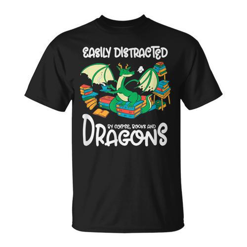 Easily Distracted By Coffee Books And Dragons Fantasy Sci-Fi T-Shirt - Bookorys AU