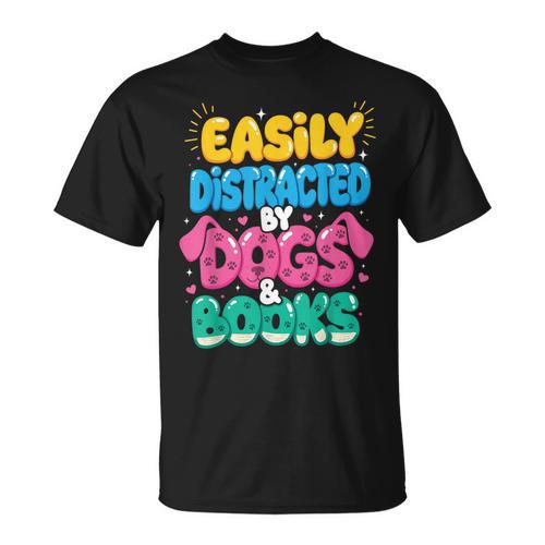 Easily Distracted By Dogs & Books Kawaii Dog & Book Lover T-Shirt - Bookorys
