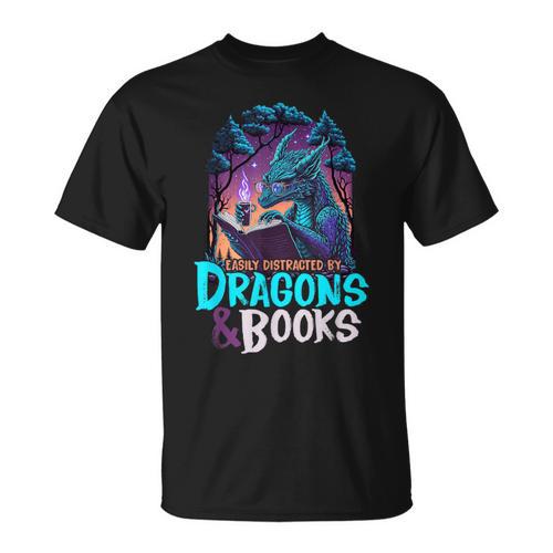 Easily Distracted By Dragon And Books For Book Lover T-Shirt - Bookorys UK