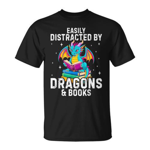 Easily Distracted By Dragons & Books Bookworm Library T-Shirt - Bookorys AU