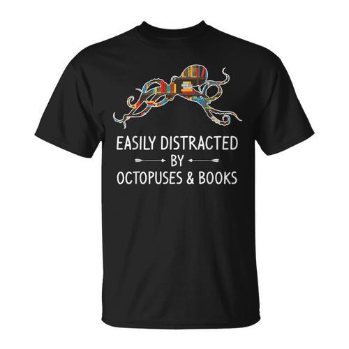 Easily Distracted By Octopuses & Books Lover Mollusc T-Shirt - Bookorys