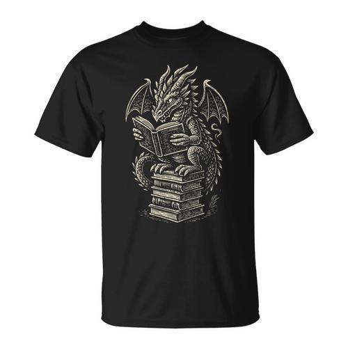 Fantasy Dragon Reading Books Librarian Literature T-Shirt - Bookorys UK