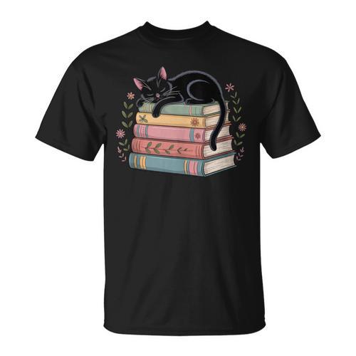 Floral Cat Sleeping On Books T-Shirt - Bookorys AU