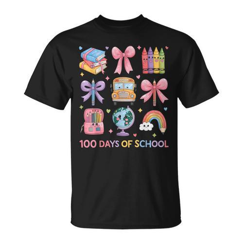 Girls 100 Days Of School Coquette Bow Pencil Bus Book Crayon T-Shirt - Bookorys