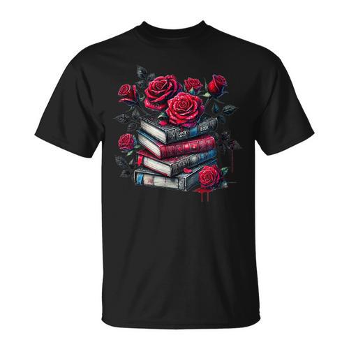 Gothic Books Roses Dark Academia Vintage Library Romance T-Shirt - Bookorys UK