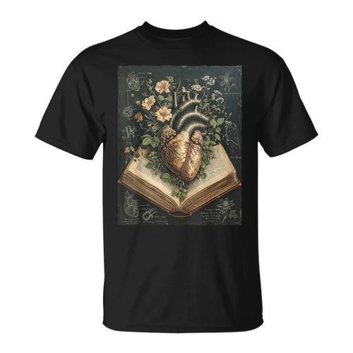 Gothic Dark Academia Botanical Anatomical Heart Vintage Book T-Shirt - Bookorys