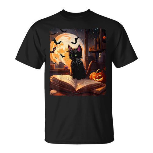 Halloween Cat Reading Books Spooky Cat Reader Teachers T-Shirt - Bookorys AU