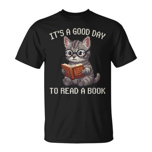 It's A Good Day To Read A Book Cat Pixel Art T-Shirt - Bookorys AU